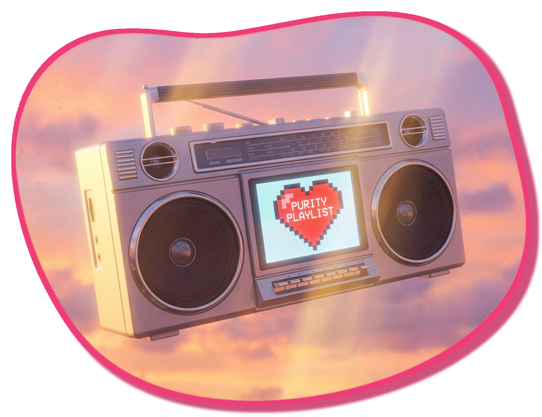 Purity Playlist boombox floating in a pink-edged cloud